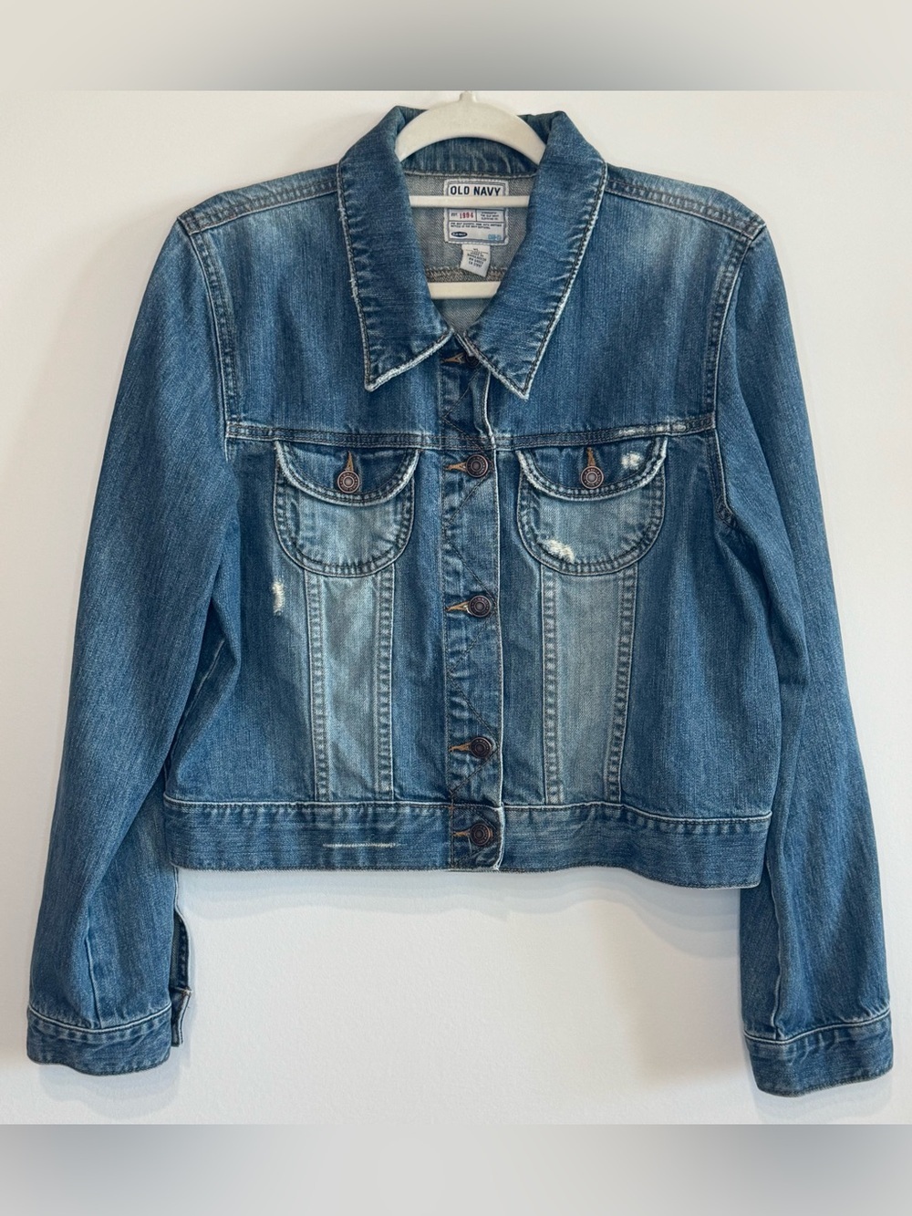 Vintage Old Navy Women's Cropped Blue Denim Slightly Distressed Jacket Size XL